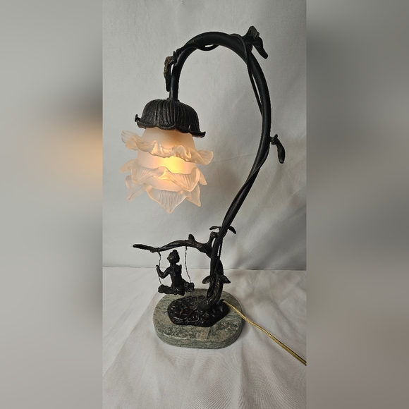 Andrea By Sadek Fairy On Swing Bronze Lamp Glass Flower Shade Marble Stand - Picture 5 of 12